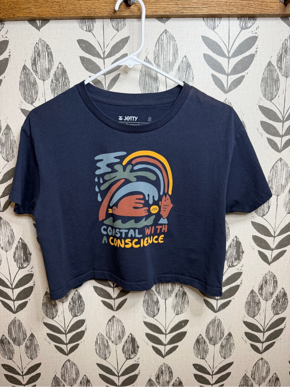 Jetty Navy 'Coastal with a Conscience' Graphic Crop Tee